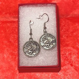 AQUARIUS IRON & SILVER DOUBLE SIDED ZODIAC DROP EARRINGS
